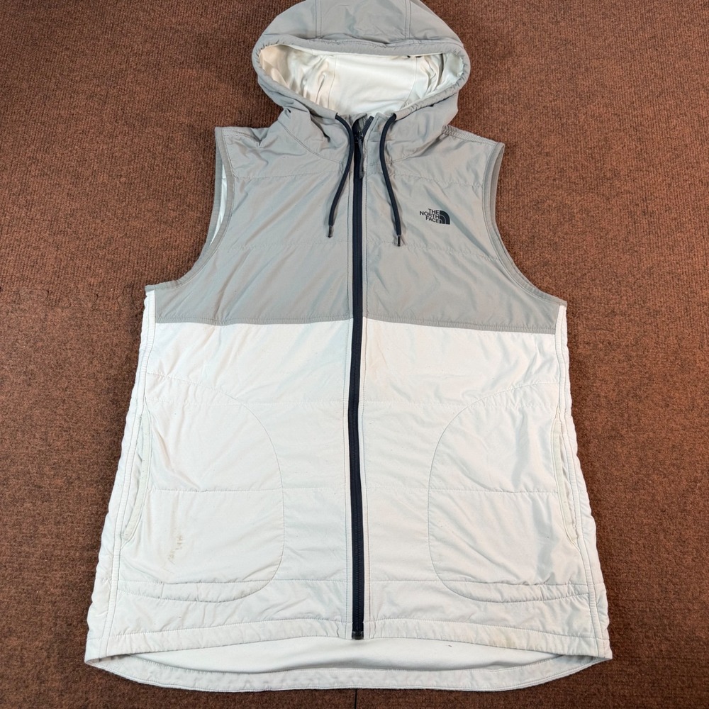 The North Face Hooded Puffer Vest Womens Large Gray White Colorblock Full Zip
